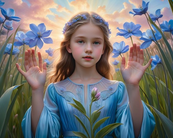 Young girl in a field of vibrant blue flowers