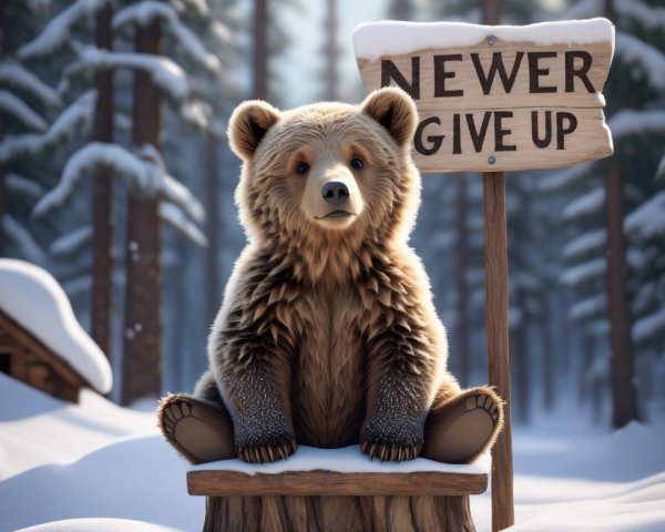 Brown Bear Cub on Stool in Snowy Forest Setting