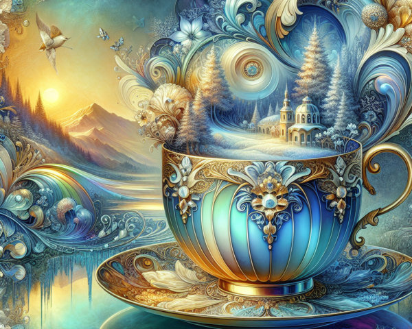 Intricate Digital Painting of a Teacup with Wonderland Scene
