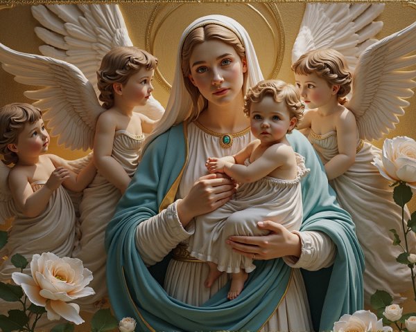 Realistic Painting of Virgin Mary and Baby Jesus with Angels