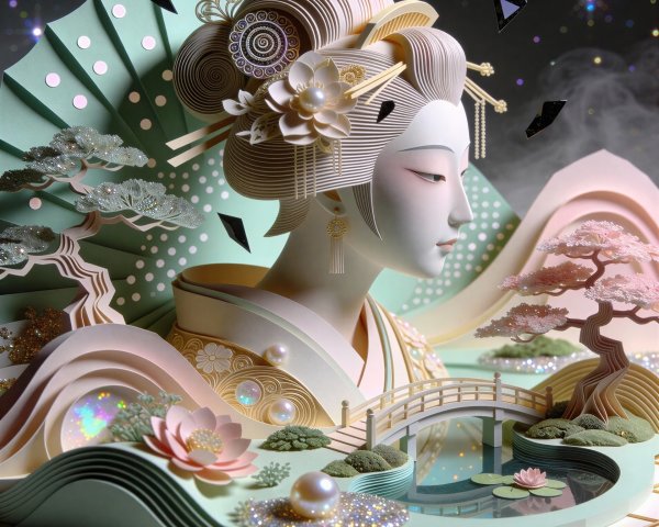 Geisha with Paper Skin and Floral Headpiece Details