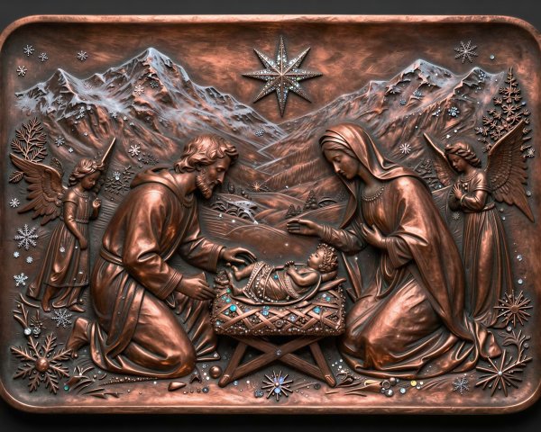 Bronze Bas-Relief Nativity Scene with Angels and Jewels