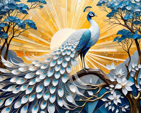 Vibrant Peacock with Iridescent Feathers and Sunrise