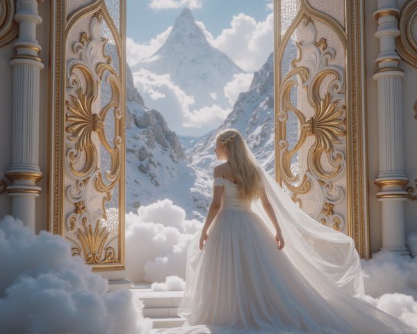 Serene Figure in White Gown Before Majestic Mountains