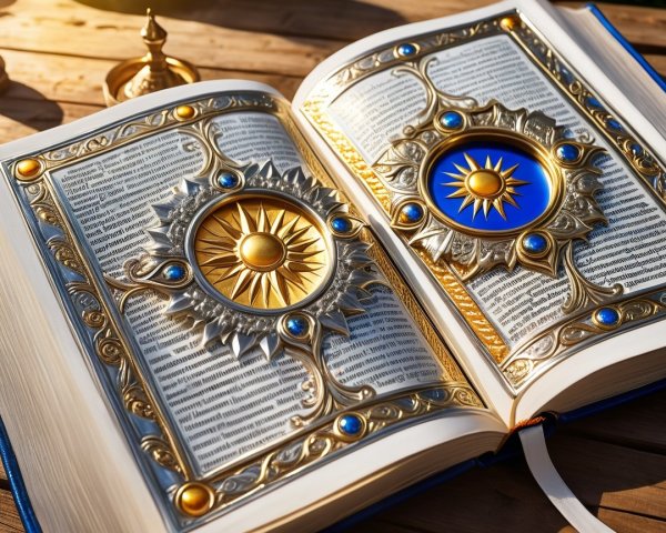 Ornately Decorated Open Book on Wooden Table