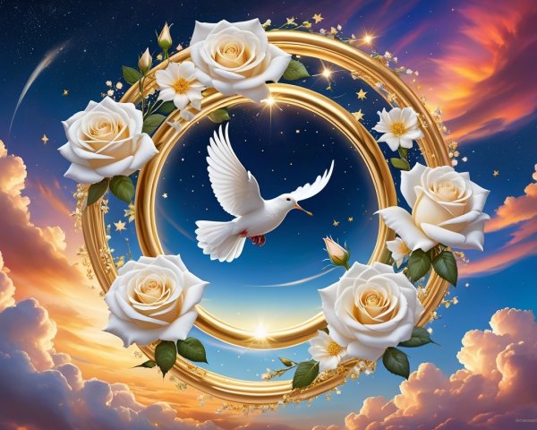 White Dove in Golden Frame with Colorful Sky Background