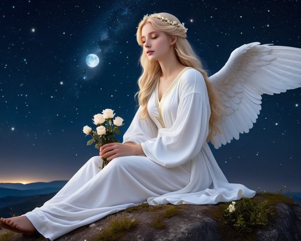 Serene angel on rocky ledge under starry night sky