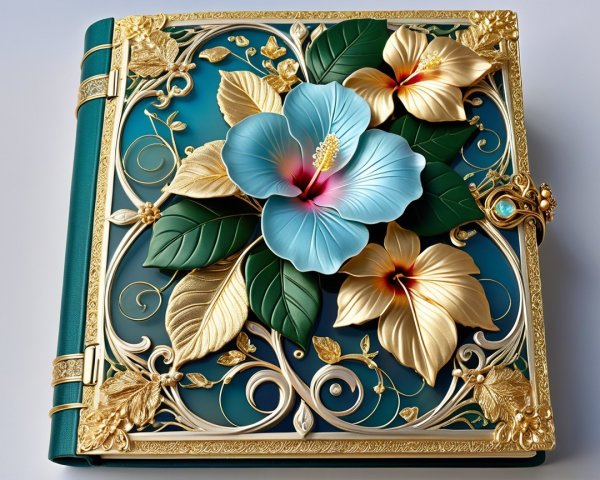 Ornate Book Cover with 3D Floral Designs and Gold