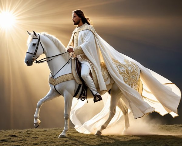 Majestic figure on white horse with radiant background