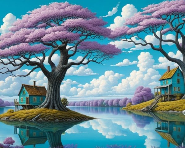Dreamlike Illustration of Trees and Turquoise Houses