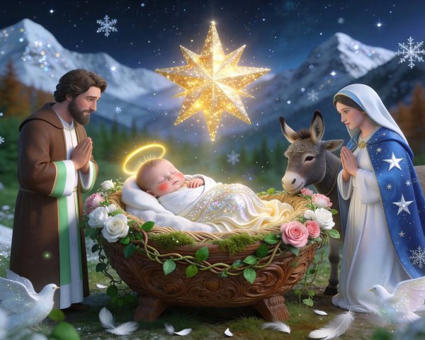 Detailed Fantasy Nativity Scene Illustration Description