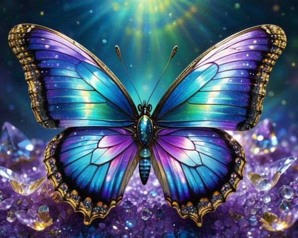 Iridescent Butterfly on Colorful Gem Bed