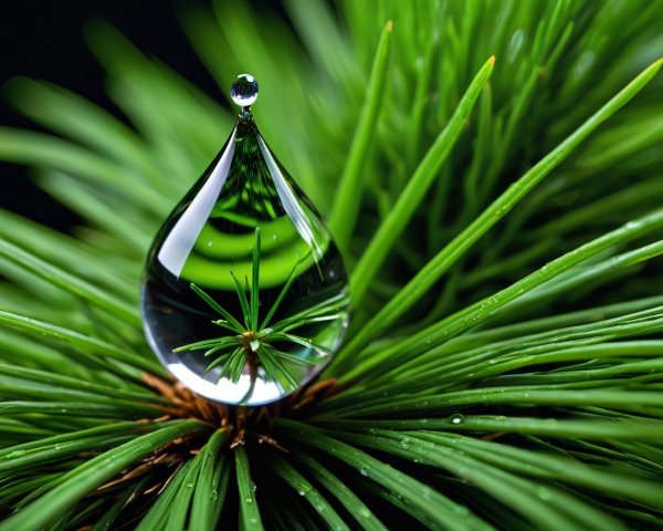 Close-Up of Pine Needle with Water Droplet Reflection