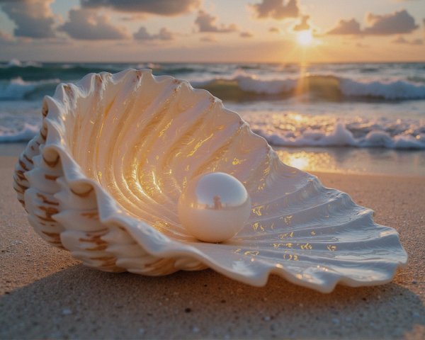White Pearl in Seashell on Sandy Beach at Sunset