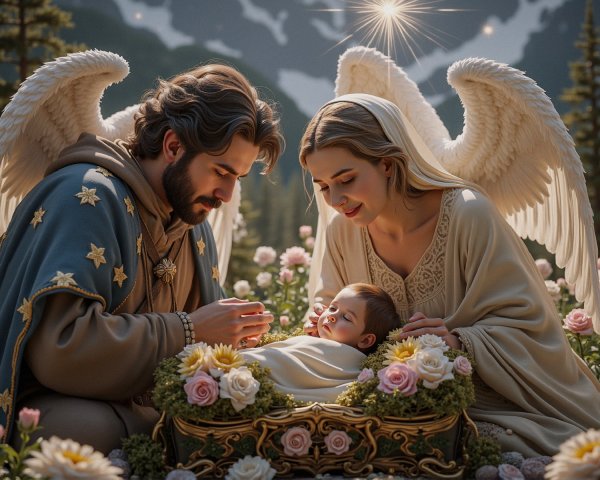 Angels in a Rose-filled Field with a Sleeping Baby