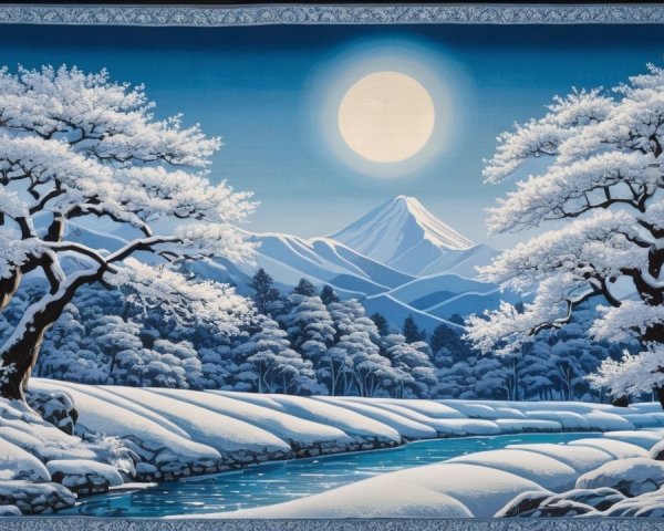 Panoramic Winter Landscape with Full Moon and Mountains