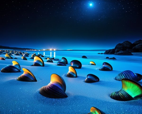 Digital Painting of a Nighttime Beach with Colorful Shells