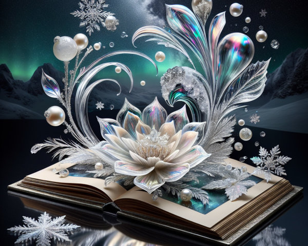 Open Book Displaying Aurora and Crystal Floral Design