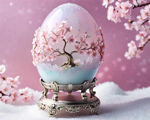 Ornate egg with cherry blossom designs on silver stand