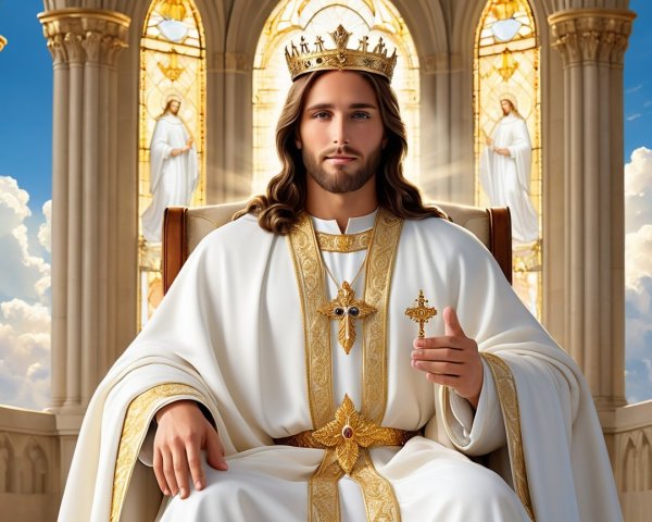 Serene Figure on Throne with Stained Glass Background