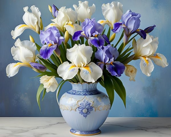 Irises in White and Purple in Decorative Blue Vase