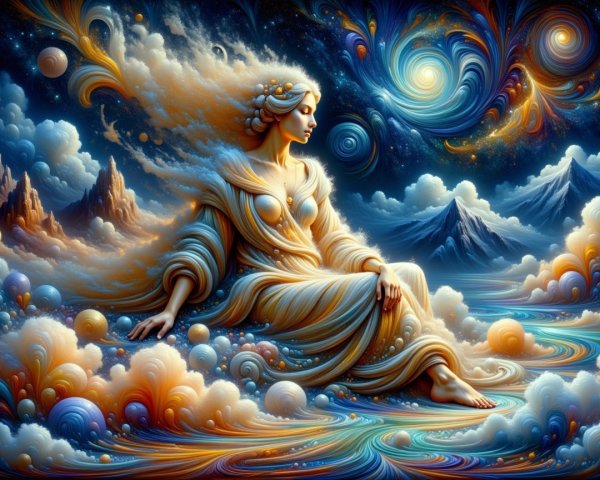 Ethereal Woman in Flowing Robes Amidst Cosmic Colors