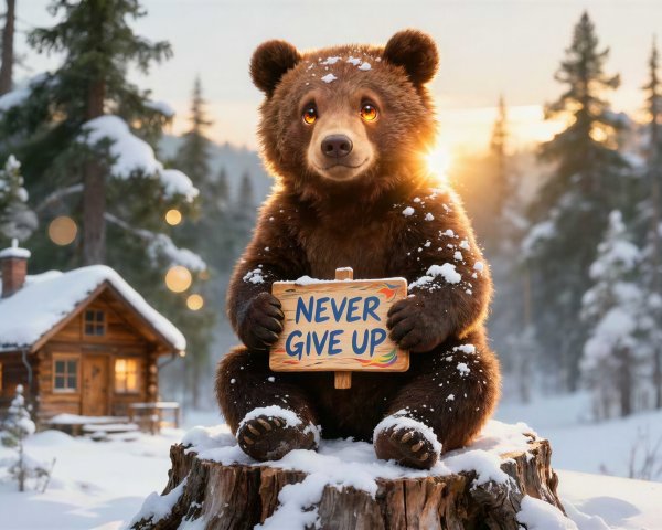 Brown bear cub on snow-covered stump with sign