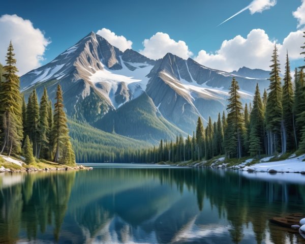 Tranquil Lake Surrounded by Evergreen Trees and Mountains
