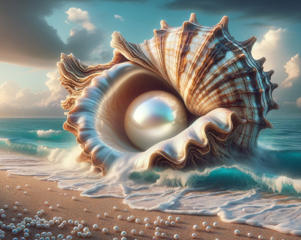 Giant seashell with pearl on a sandy beach scene