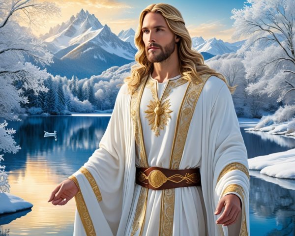 Serene Figure by Tranquil Lake in Winter Landscape