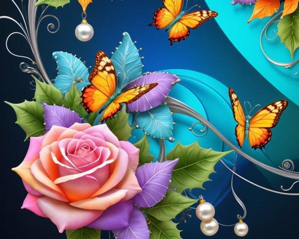 Vibrant Digital Illustration of a Rose with Butterflies