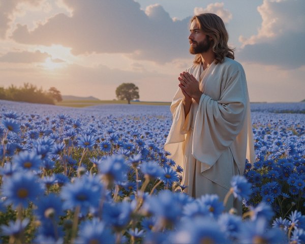 Jesus in a Field of Blue Flowers at Sunset