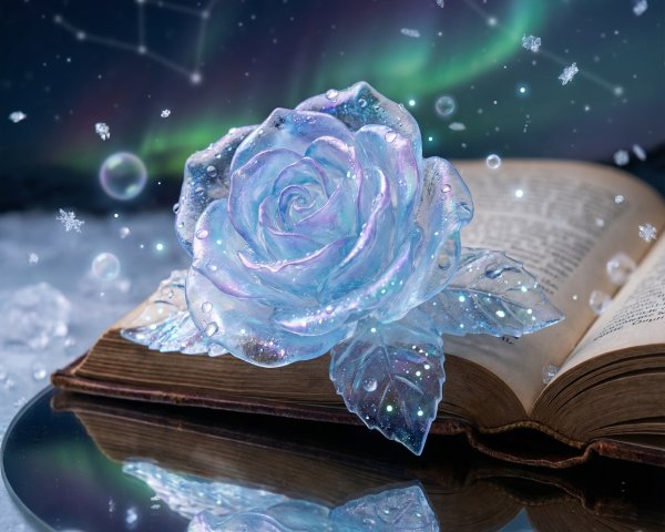 Crystalline Rose on Book with Aurora Borealis Background