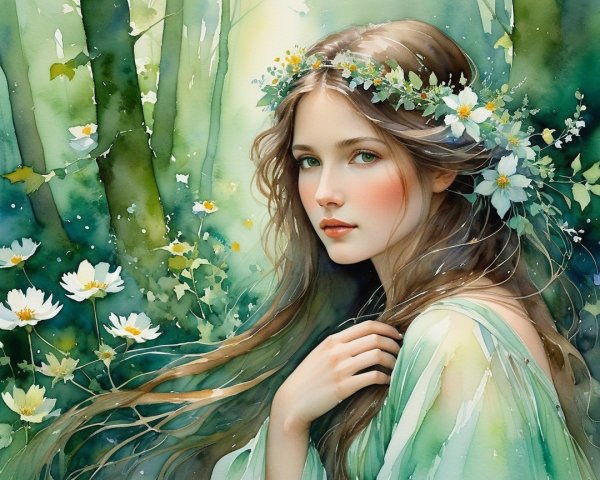 Ethereal Woman in Floral Crown in Lush Forest Setting