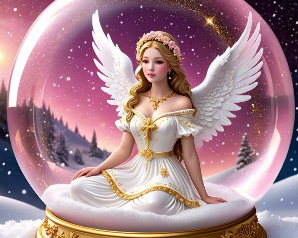 Ethereal angel in a snow globe with winter landscape