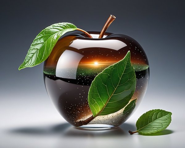 Elegant Glass Apple with Sunset Gradient and Leaves