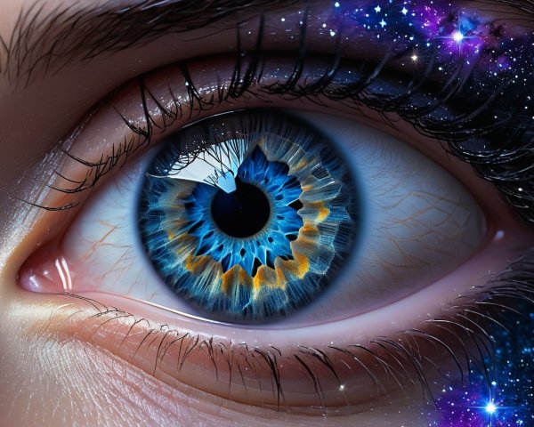 Close-up of a blue eye with galaxy-like patterns