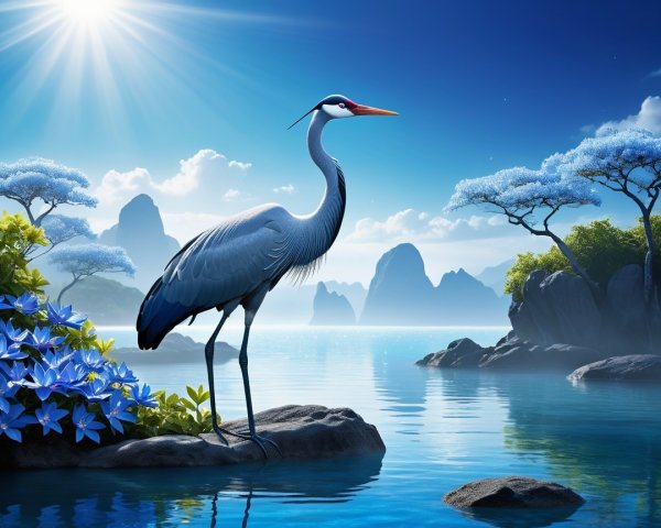 Heron by Water with Mountains and Vibrant Flowers