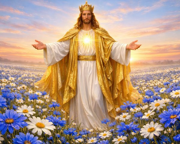 Full-body portrait of Jesus in a flower field