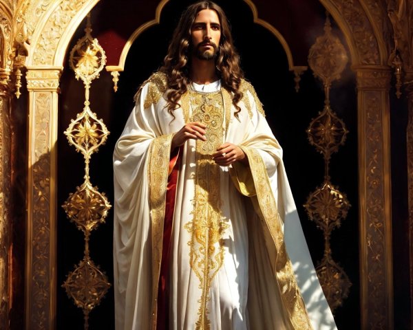 Regal Figure in Ornate White Robe in Opulent Setting