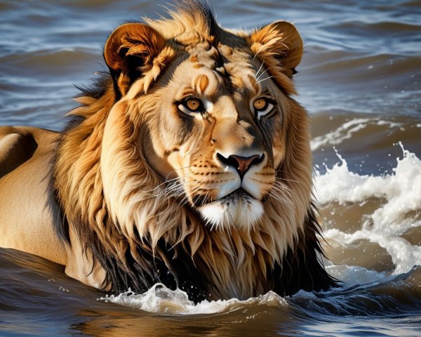 Majestic lion in shallow water with golden mane