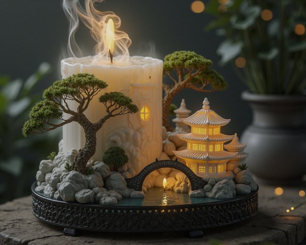 Miniature Japanese Garden Candle Set on Wooden Surface
