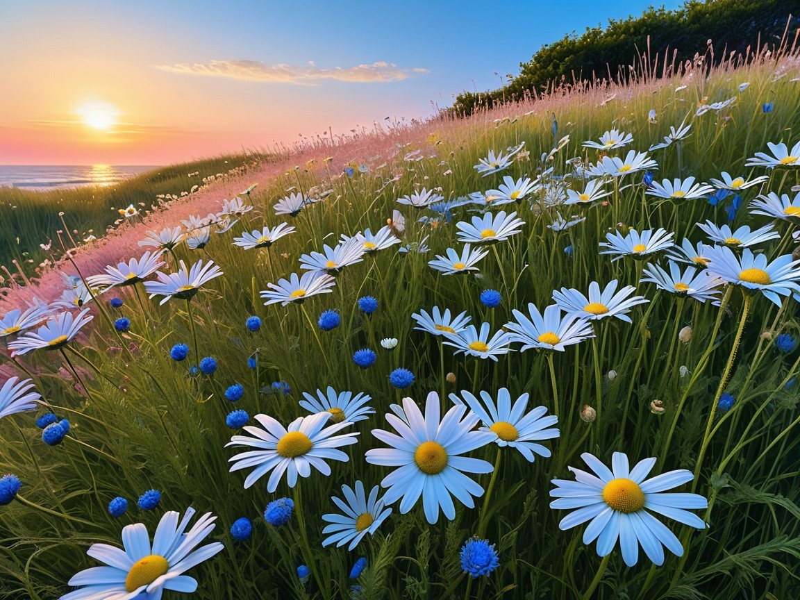 Vibrant Daisies and Sunset Over Ocean Landscape