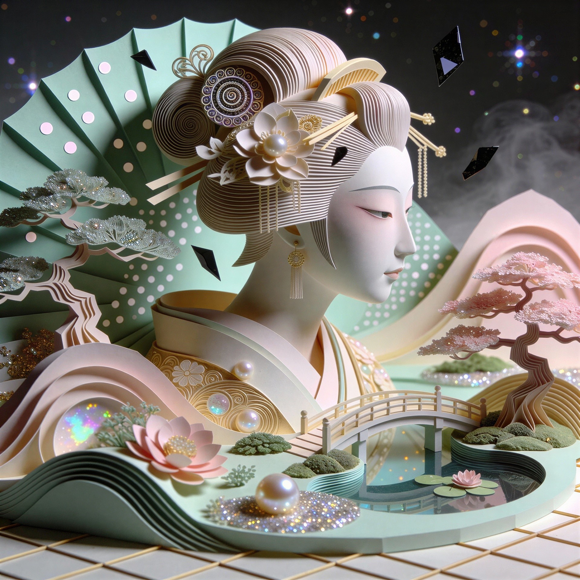 Geisha with Paper Skin and Floral Headpiece Details