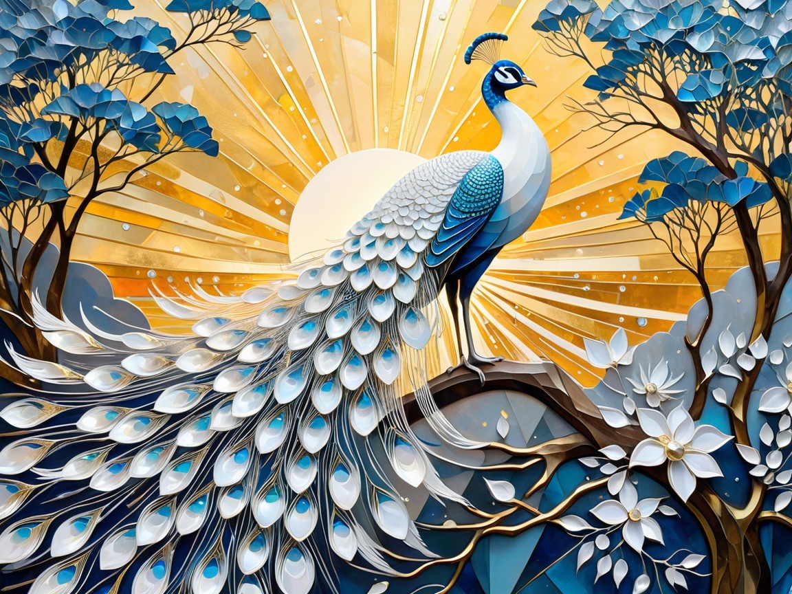 Vibrant Peacock with Iridescent Feathers and Sunrise