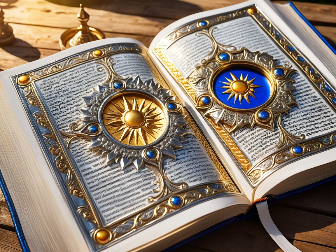 Ornately Decorated Open Book on Wooden Table