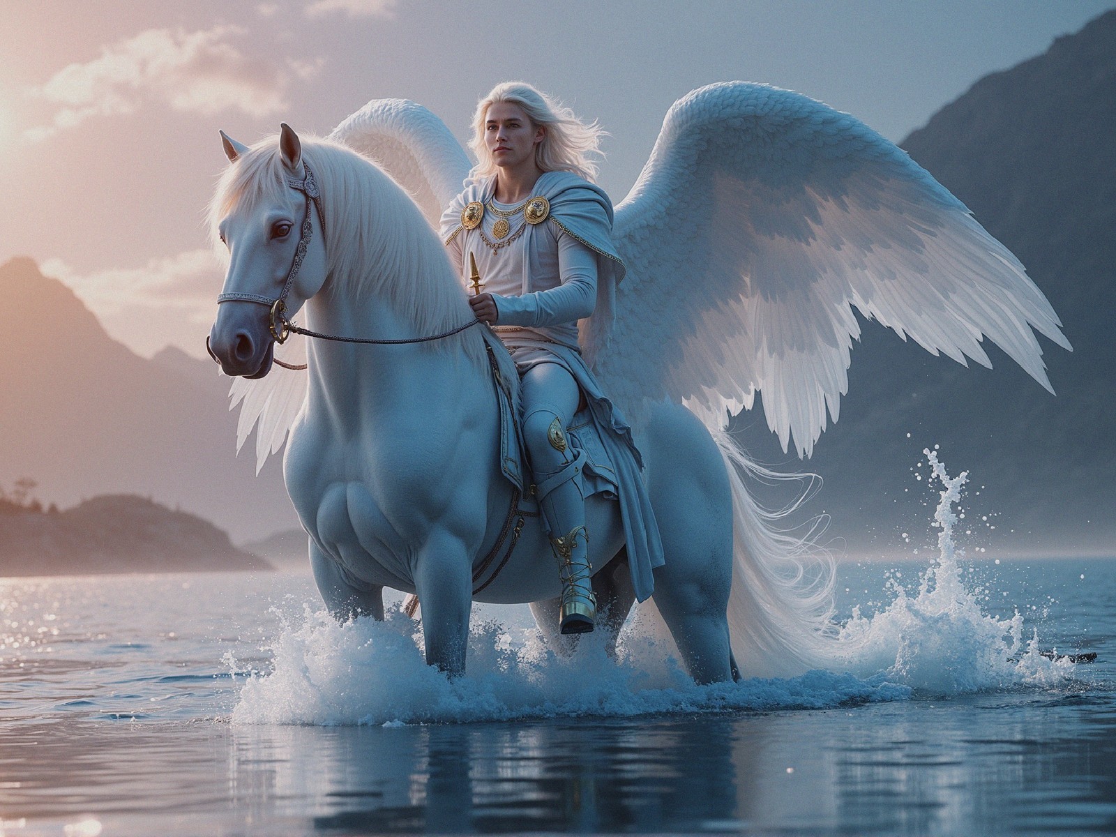 Winged Figure on White Horse in Shimmering Waters