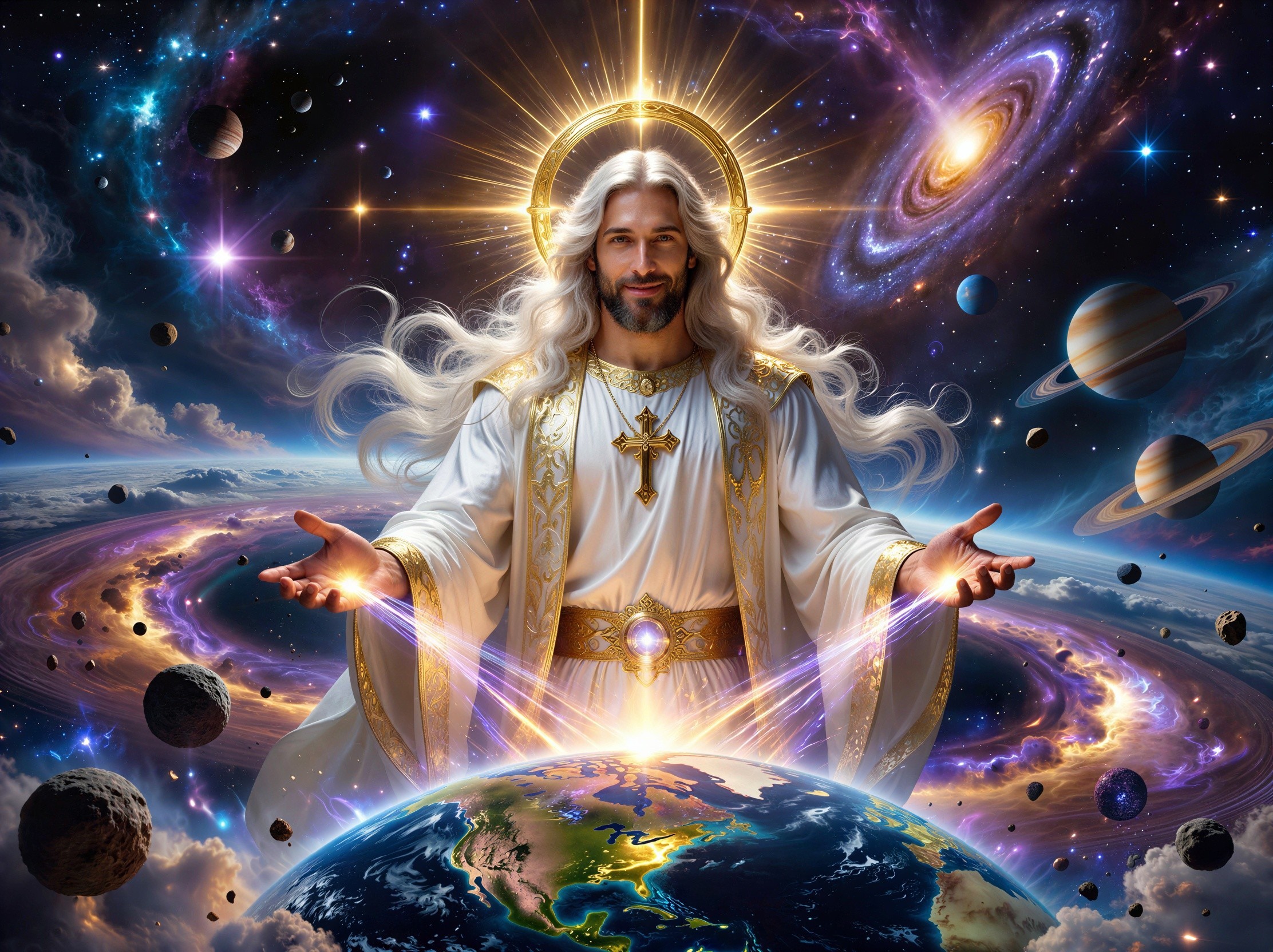 High-angle portrait of Jesus Christ with glowing halo