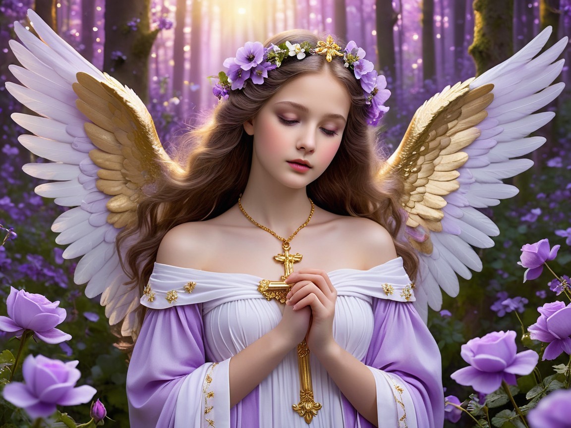 Angelic Figure in Mystical Forest with Flowers