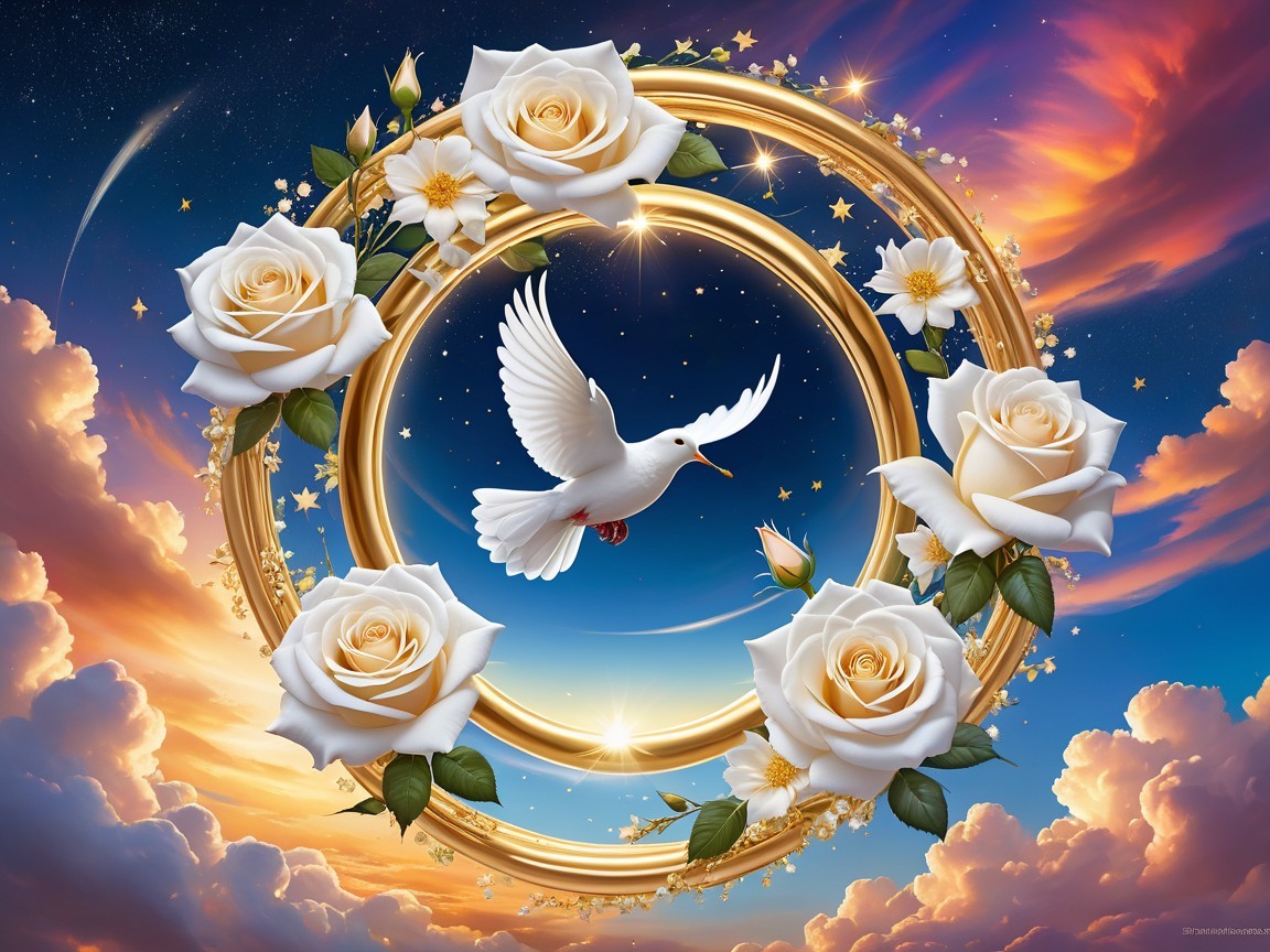 White Dove in Golden Frame with Colorful Sky Background